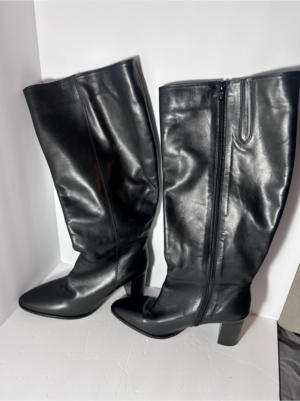 Women's Black Leather Mid-Calf Heel Boots with Side Zip